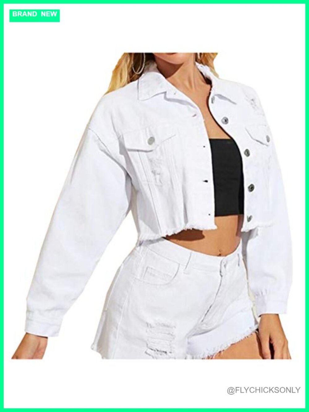Cropped Distressed Denim Jean Jacket Fringe Frayed Hem Button